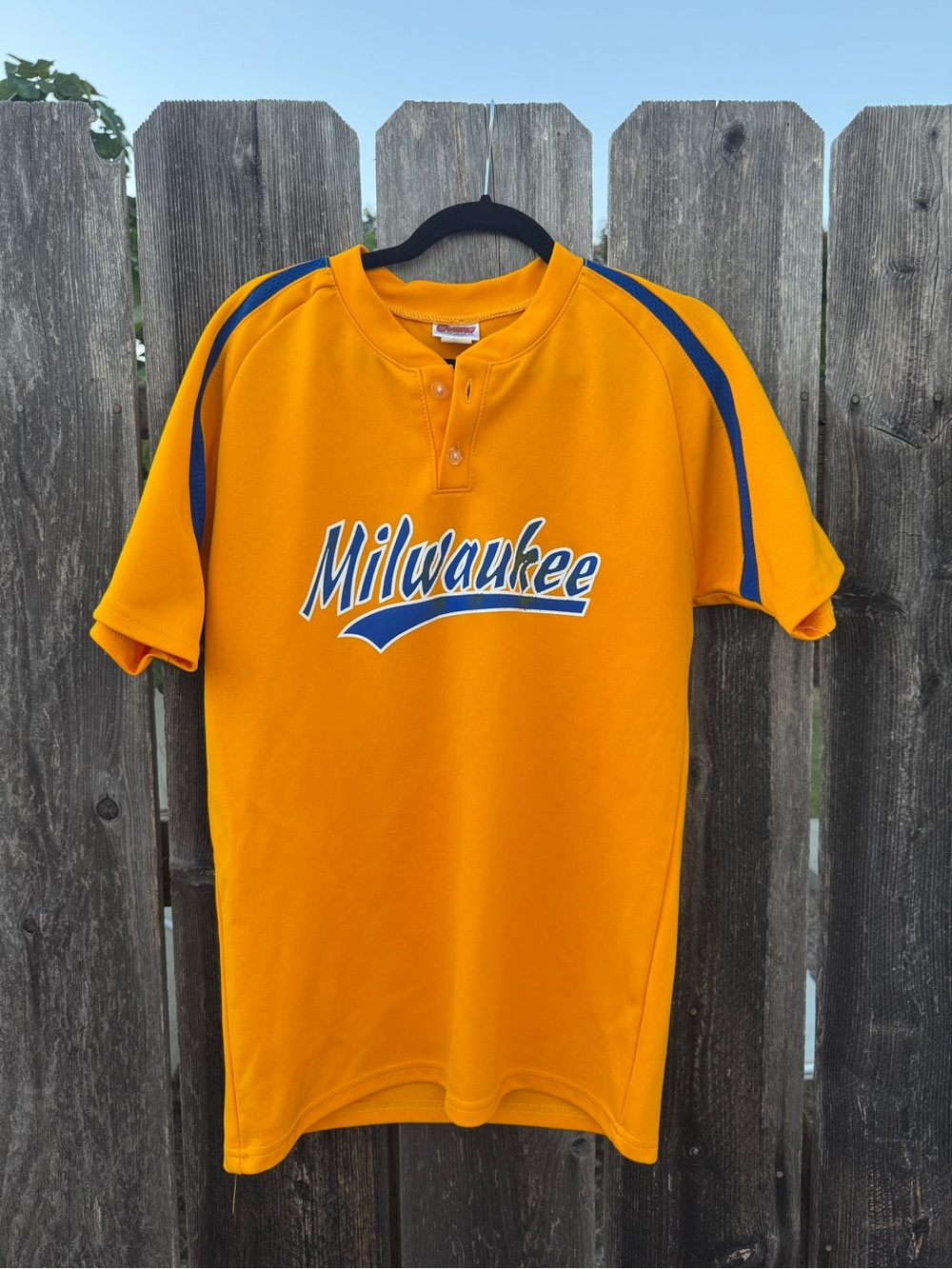 Vintage Baseball Gold Yellow Milwaukee Henley Baseball Jersey with Blue Trim